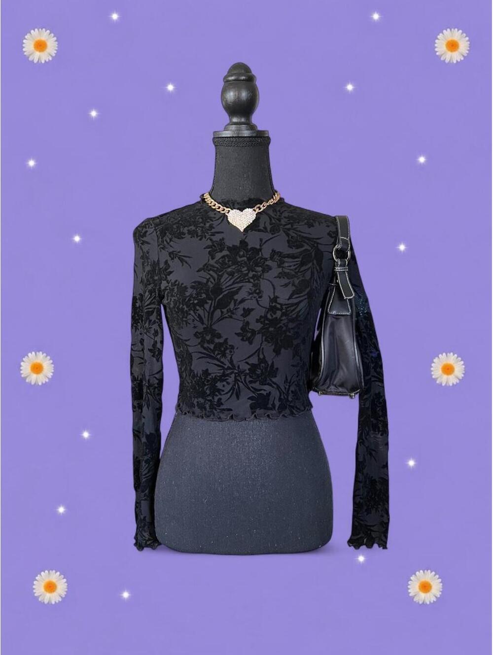 Vintage Y2K Whimsigoth Black Floral Sheer Mesh Lettuce Trim Top size small